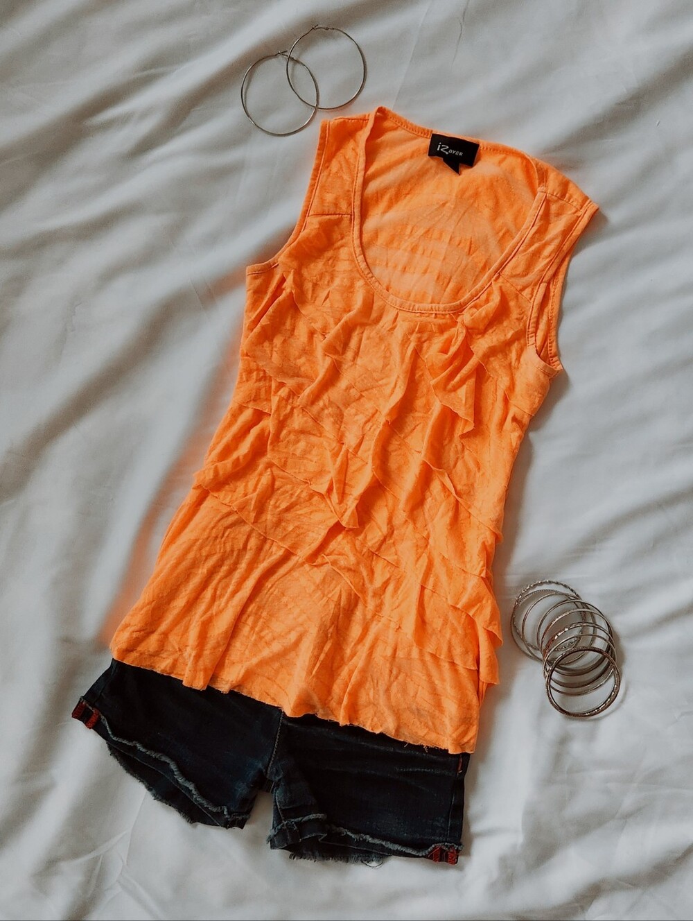 Vintage Y2K IZ Byer Neon Orange Burnout Tiger Stripe Ruffle Tank Top XS
